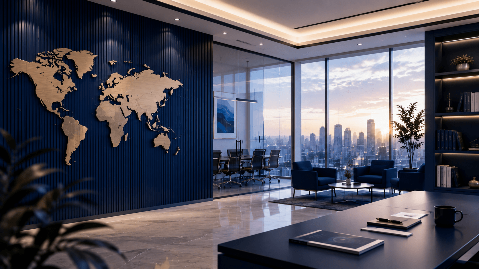 A modern office with city views and a world map