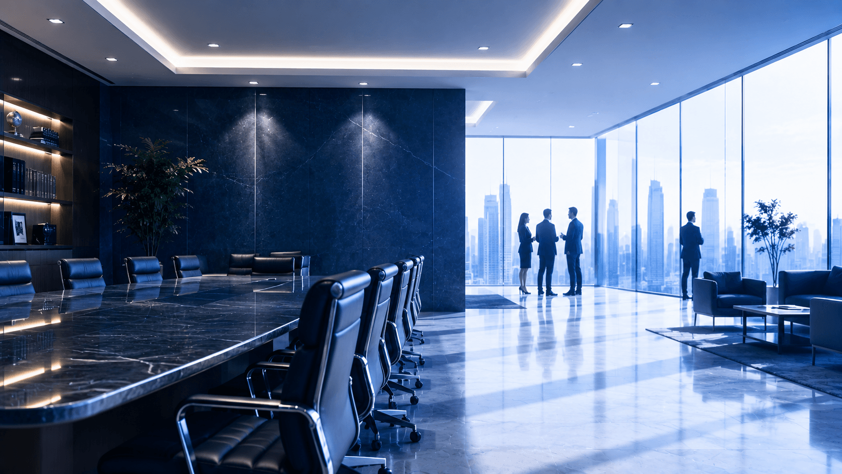 Modern boardroom overlooking a city skyline