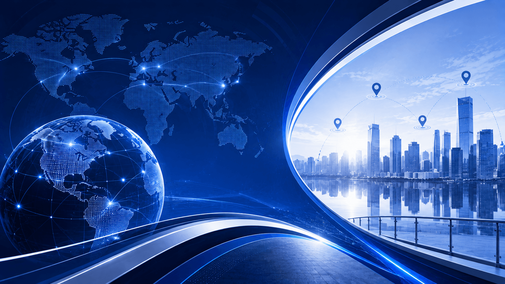 Connected globe and international business skyline