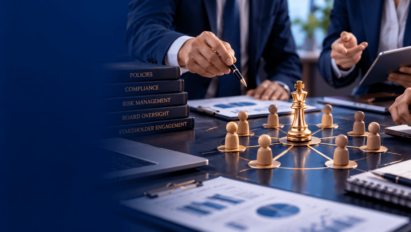 Executives discussing a corporate group structure